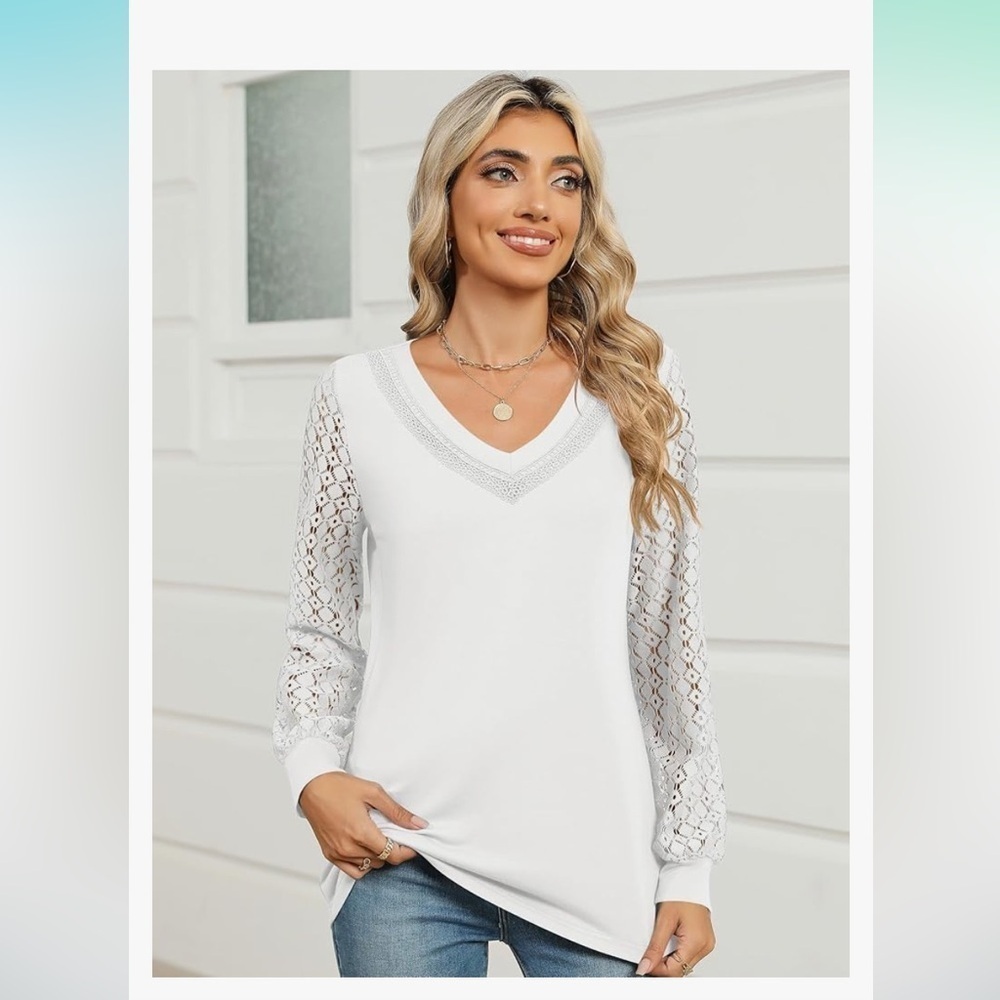 NWT Long Sleeve Shirts V Neck Lace Tops Business Casual Medium - Picture 2 of 5